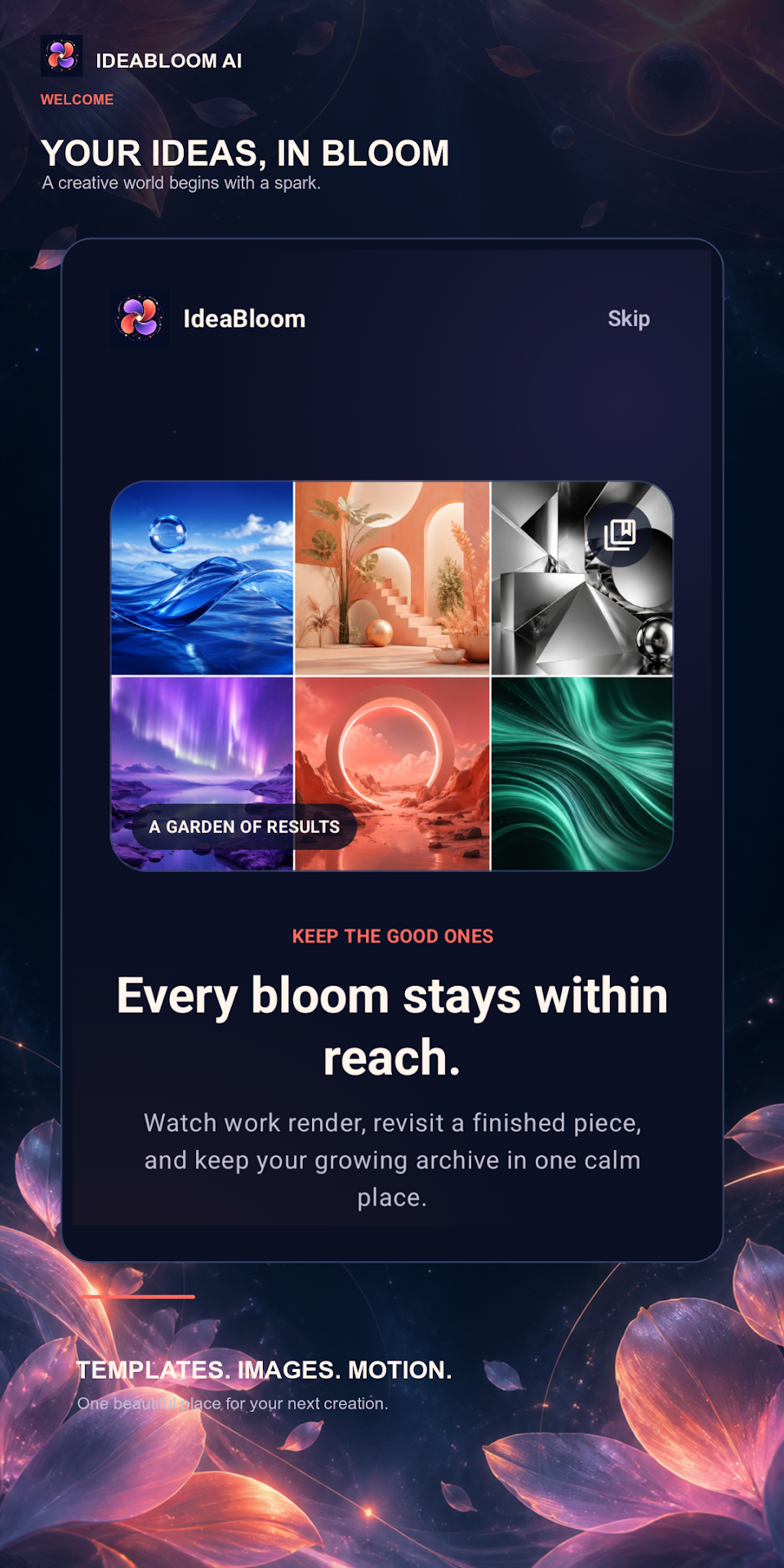 IdeaBloom AI App Interface - A Garden of Results
