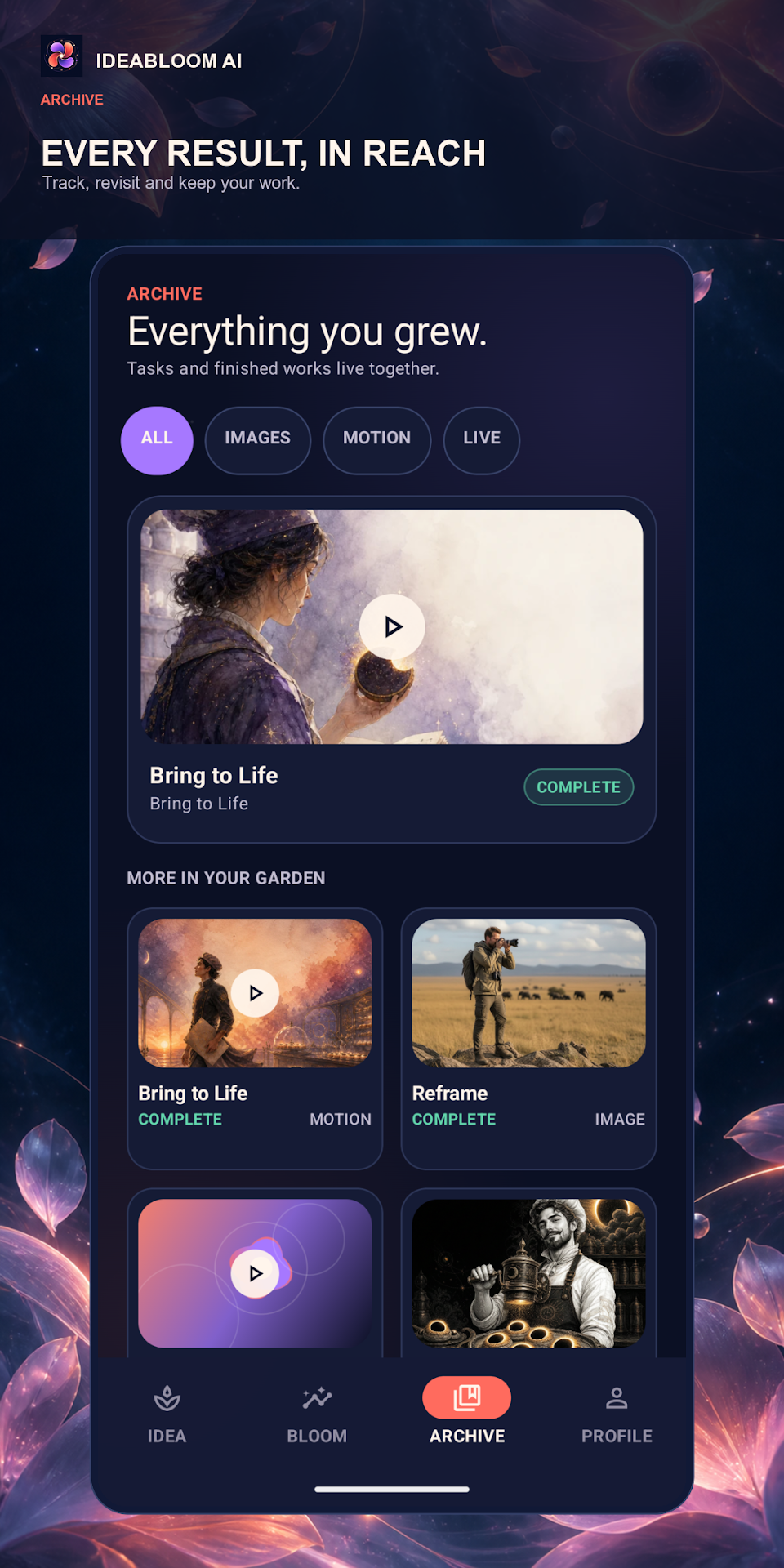 IdeaBloom AI Archive Garden and Video Playback